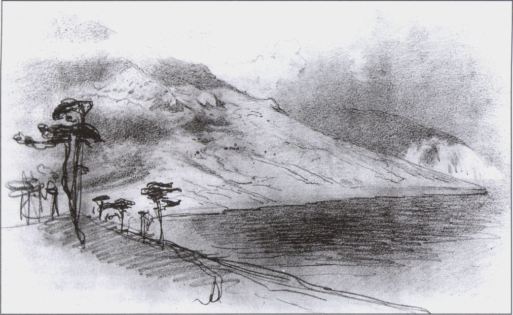 Федор Васильев. Вид на Ялтинский залив с гор от Ливадии. 1872. Бум., графит. кар., растушка. 19 × 29. Государственная Третьяковская галерея. Подготовительный рисунок для картины «Эриклик» (1872, Государственный Русский музей), исполненной по заказу Великого князя Владимира Александровича для подарка императрице Марии Александровне Федор Васильев. Вид на Ялтинский залив с гор от Ливадии. 1872. Бум., графит. кар., растушка. 19 × 29. Государственная Третьяковская галерея. Подготовительный рисунок для картины «Эриклик» (1872, Государственный Русский музей), исполненной по заказу Великого князя Владимира Александровича для подарка императрице Марии Александровне