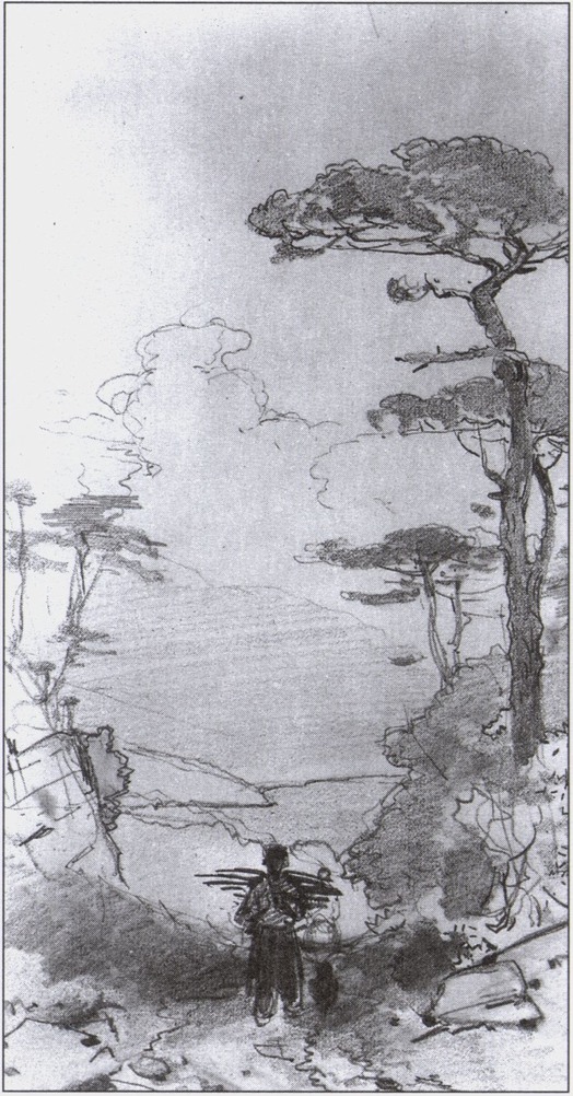 Федор Васильев. Крестьянин с хворостом на горной дороге. 1871—1873. Бум., графит. кар., растушка. 27,9 × 15,6. Русский музей Федор Васильев. Крестьянин с хворостом на горной дороге. 1871—1873. Бум., графит. кар., растушка. 27,9 × 15,6. Русский музей