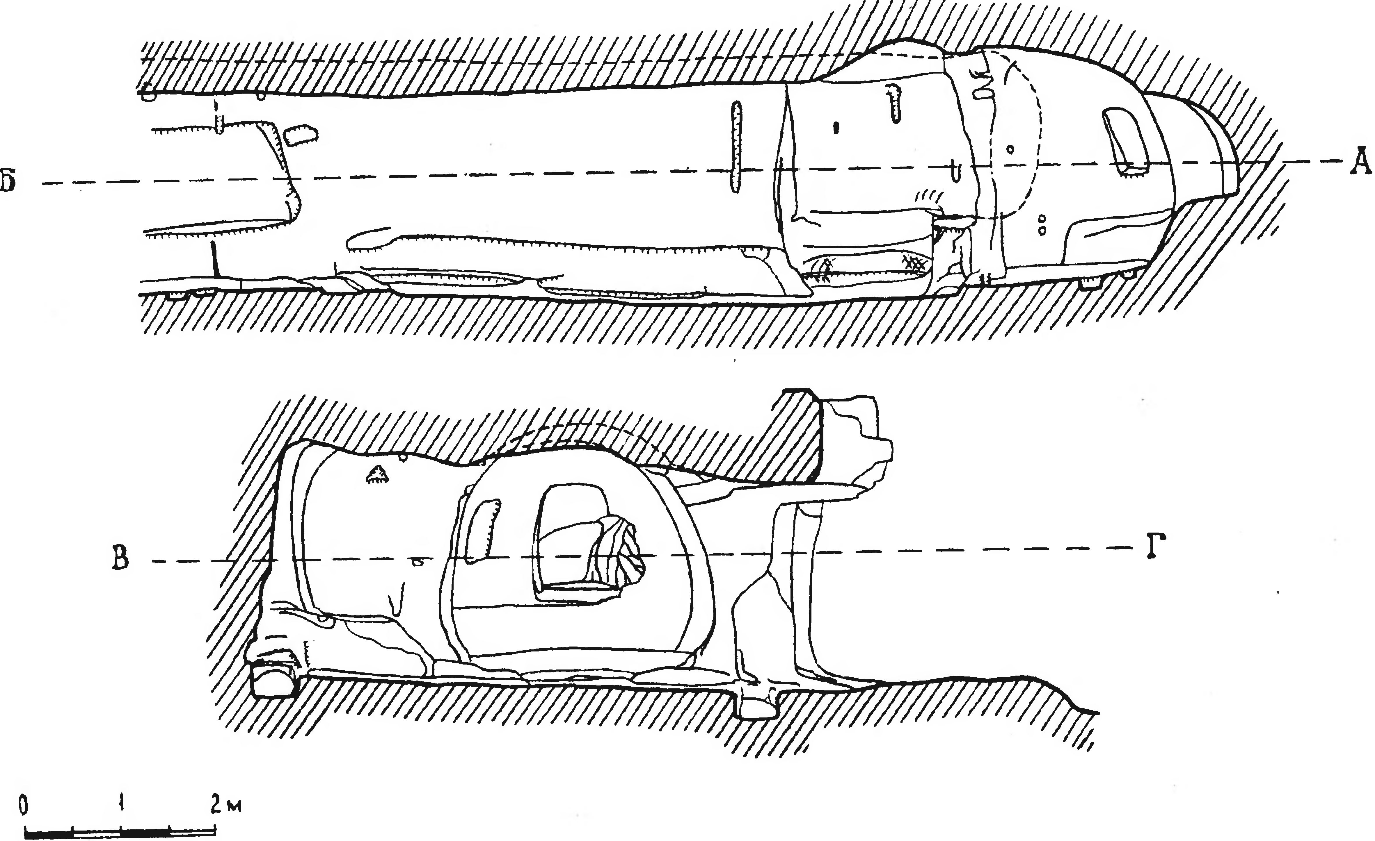 Рис. 125. Челтер-Мармара. Большой храм. Разрезы Б—А и В—Г Рис. 125. Челтер-Мармара. Большой храм. Разрезы Б—А и В—Г