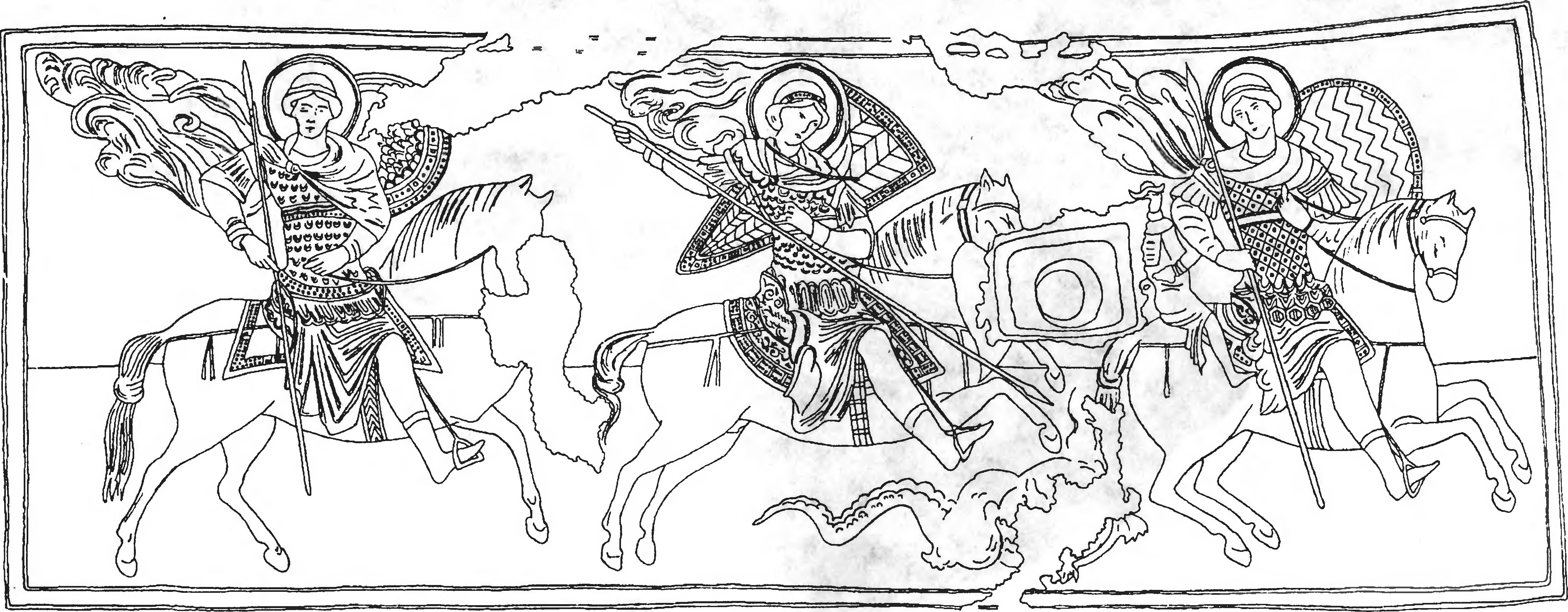 Рис. 196. Эски-Кермен. Храм «Трех всадников». Прорись фрески по О. Домбровскому Рис. 196. Эски-Кермен. Храм «Трех всадников». Прорись фрески по О. Домбровскому