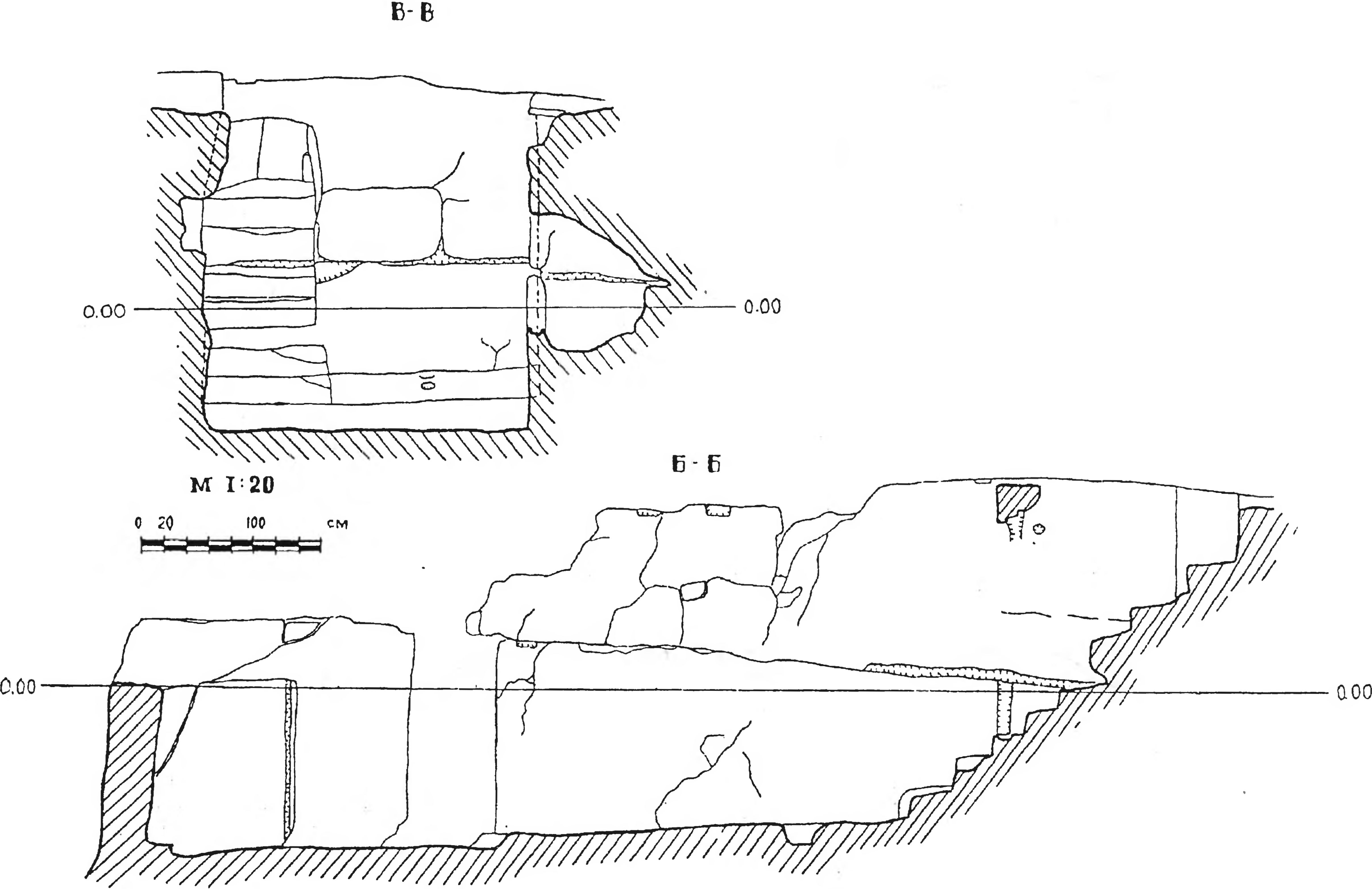 Рис. 215. Мангуп. «Гарнизонная» церковь. Разрезы Б-Б и В-В Рис. 215. Мангуп. «Гарнизонная» церковь. Разрезы Б-Б и В-В