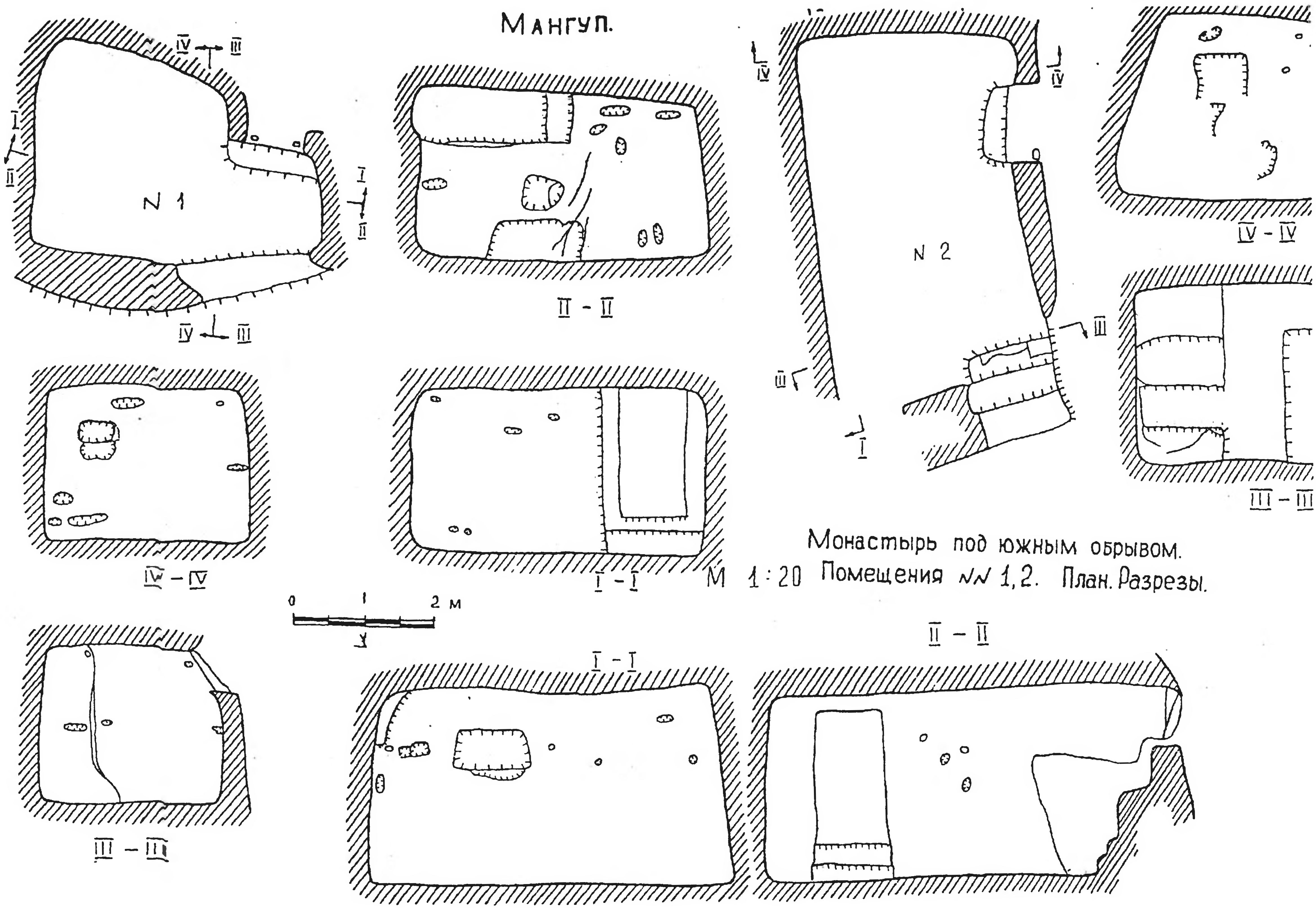 Рис. 247. Мангуп. Южный монастырь. Пещеры № 1,2. Планы, разрезы Рис. 247. Мангуп. Южный монастырь. Пещеры № 1,2. Планы, разрезы