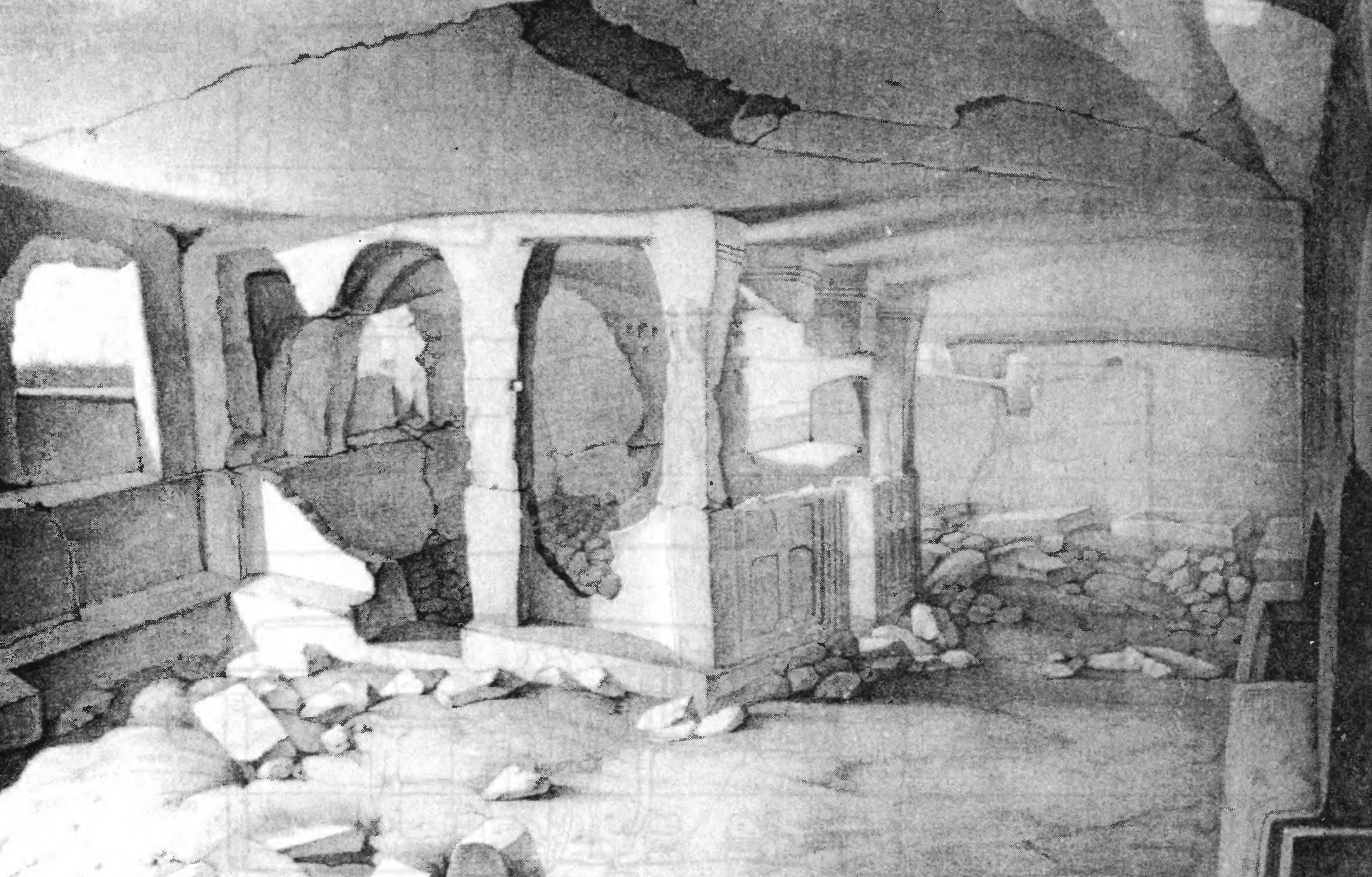 Рис. 324. Тепе-Кермен. «Церковь с баптистерием». С гравюры XIX в. Рис. 324. Тепе-Кермен. «Церковь с баптистерием». С гравюры XIX в.