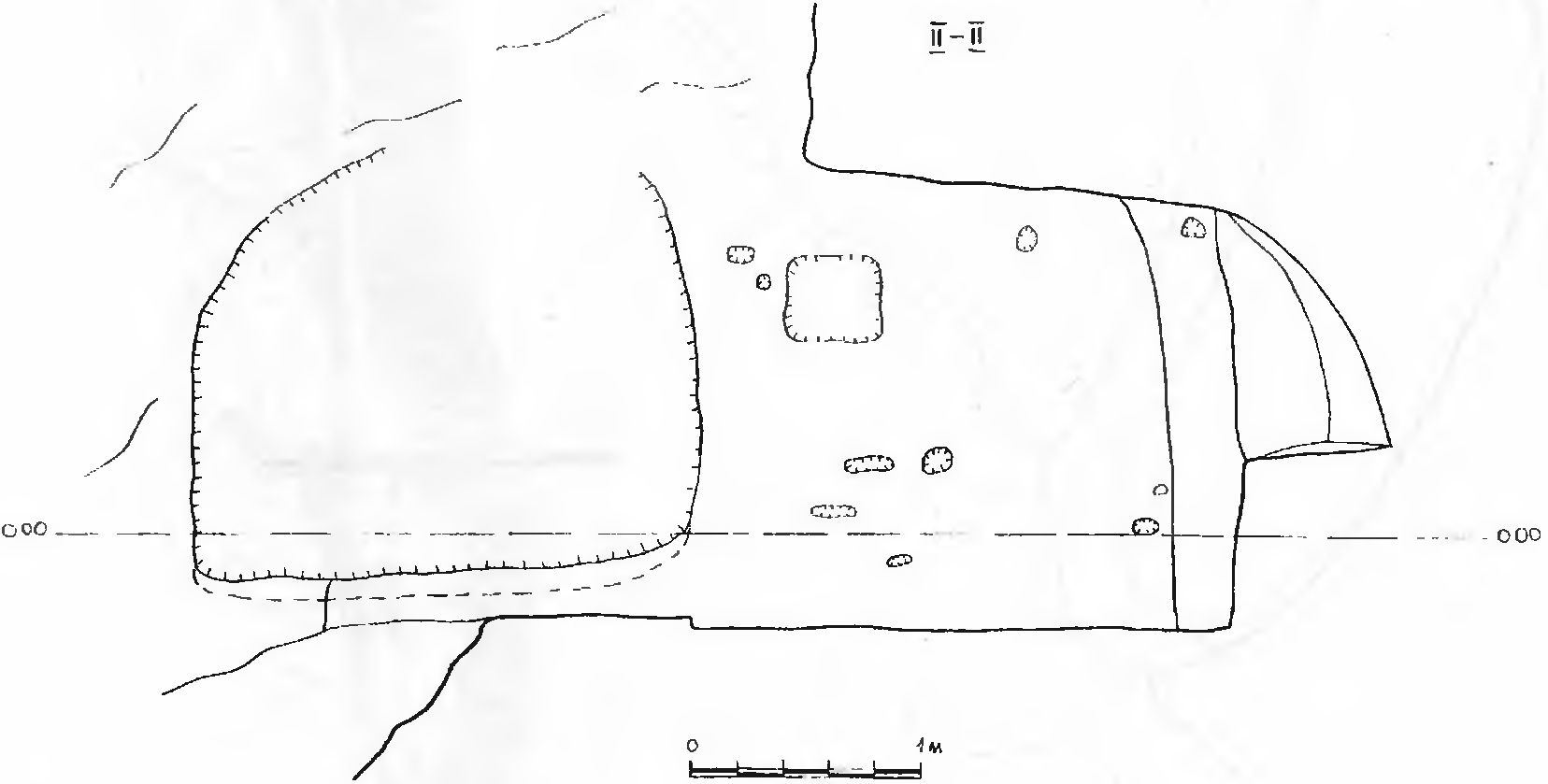 Рис. 53. Инкерман. Загайтанская скала. Церковь № 2. Разрез II—II Рис. 53. Инкерман. Загайтанская скала. Церковь № 2. Разрез II—II