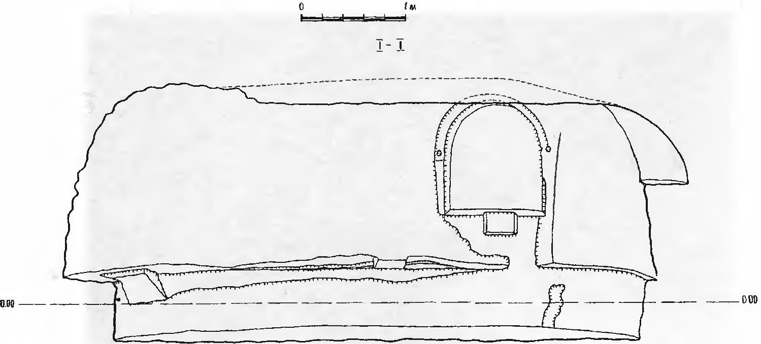Рис. 57. Инкерман. Загайтанская скала. Церковь № 4. Разрез I—I Рис. 57. Инкерман. Загайтанская скала. Церковь № 4. Разрез I—I
