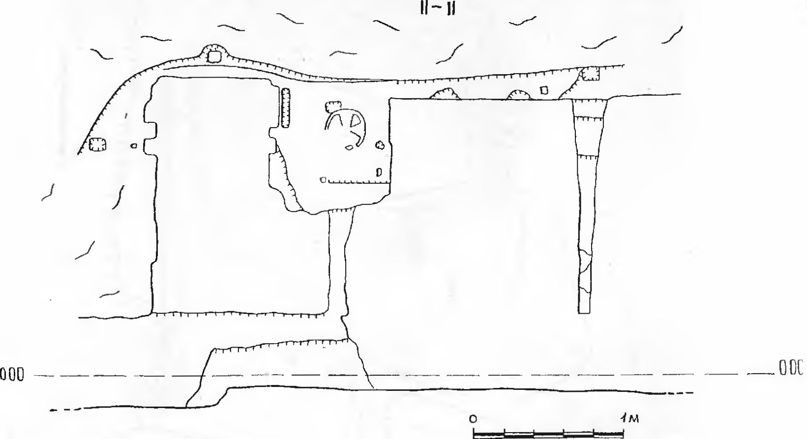 Рис. 63. Инкерман. Загайтанская скала. Церковь№ 5. Разрез II—II Рис. 63. Инкерман. Загайтанская скала. Церковь№ 5. Разрез II—II