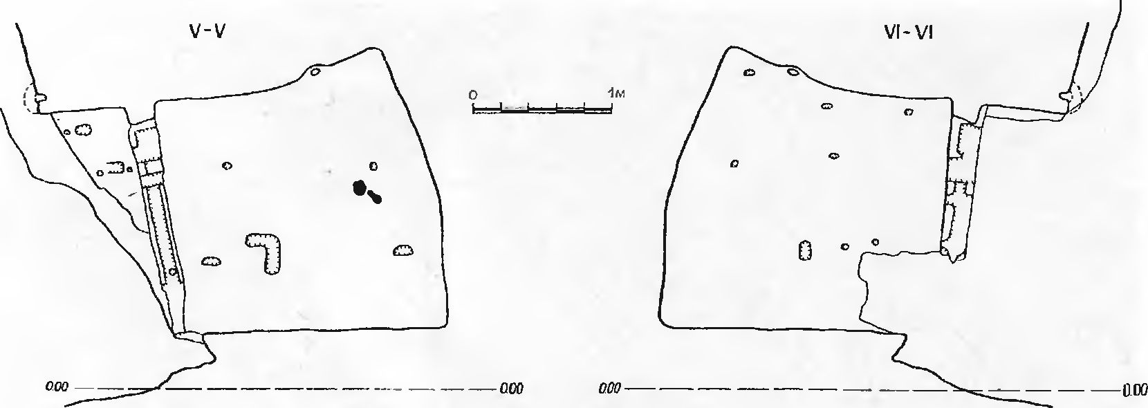 Рис. 65. Инкерман. Загайтанская скала. Церковь № 5. Разрезы V—V и VI—VI Рис. 65. Инкерман. Загайтанская скала. Церковь № 5. Разрезы V—V и VI—VI