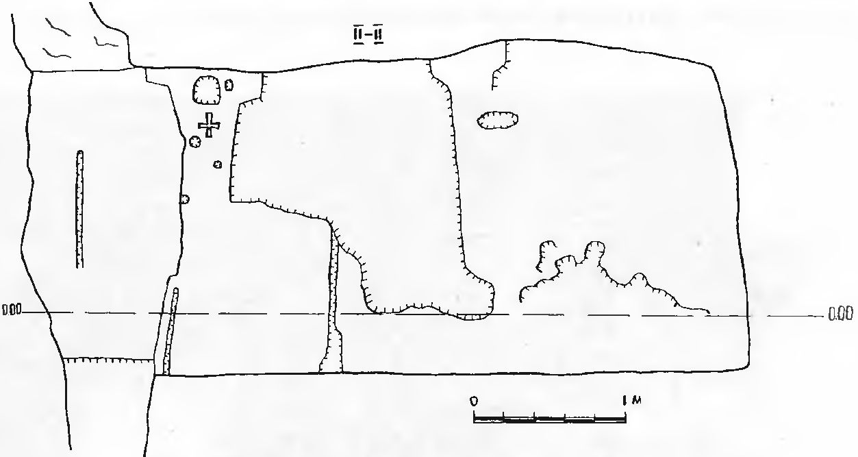 Рис. 73. Инкерман. Загайтанская скала. Церковь № 6. Разрез II—II Рис. 73. Инкерман. Загайтанская скала. Церковь № 6. Разрез II—II