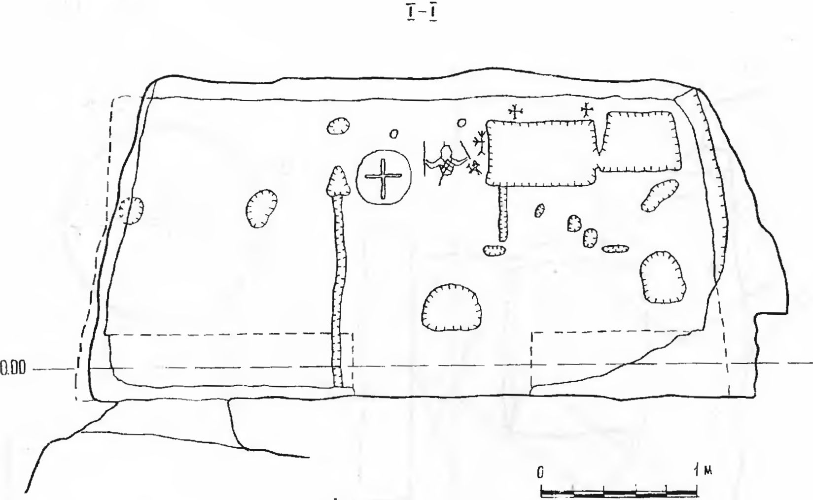 Рис. 77. Инкерман. Загайтанская скала. Церковь № 7. Разрез I—I Рис. 77. Инкерман. Загайтанская скала. Церковь № 7. Разрез I—I