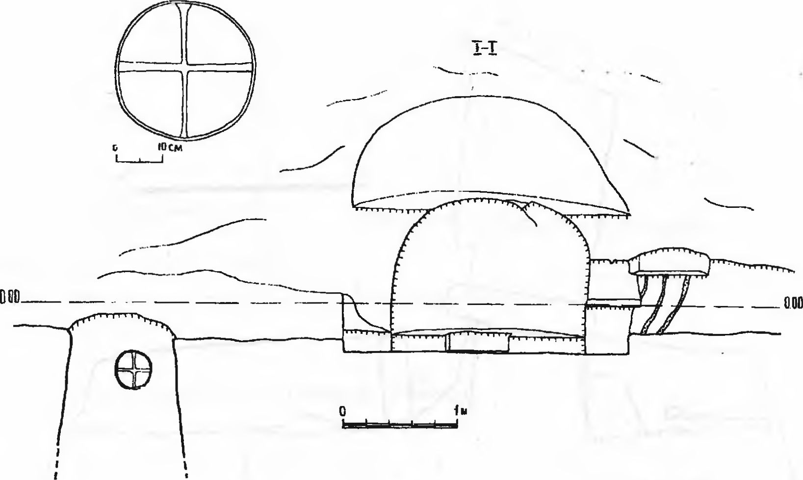Рис. 90. Инкерман. Загайтанская скала. Церковь № 10. Разрез I—I Рис. 90. Инкерман. Загайтанская скала. Церковь № 10. Разрез I—I