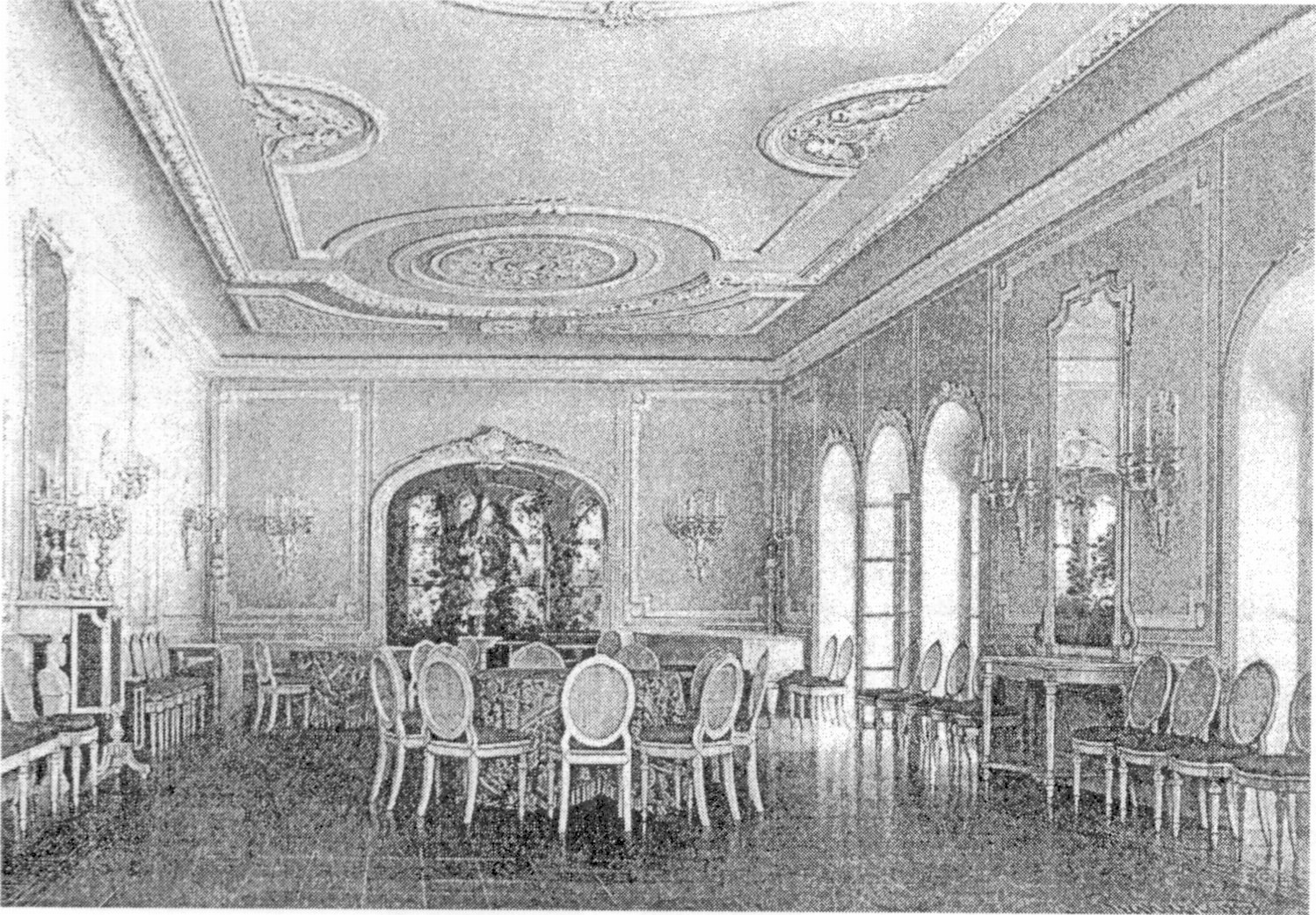Столовая в Ливадийском дворце. Акварель. Л. Премацци. 1872 г. (Слева виден камин, впоследствии перенесенный архитектором Н.П. Красновым в парадный кабинет императора в Новом дворце) Столовая в Ливадийском дворце. Акварель. Л. Премацци. 1872 г. (Слева виден камин, впоследствии перенесенный архитектором Н.П. Красновым в парадный кабинет императора в Новом дворце)